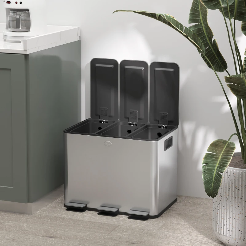 HOMCOM 3 x 20L Pedal Bin, Steel Triple Kitchen Bin with Soft Close Lid, Removable Inner Buckets, Fingerprint-Proof, Silver Tone