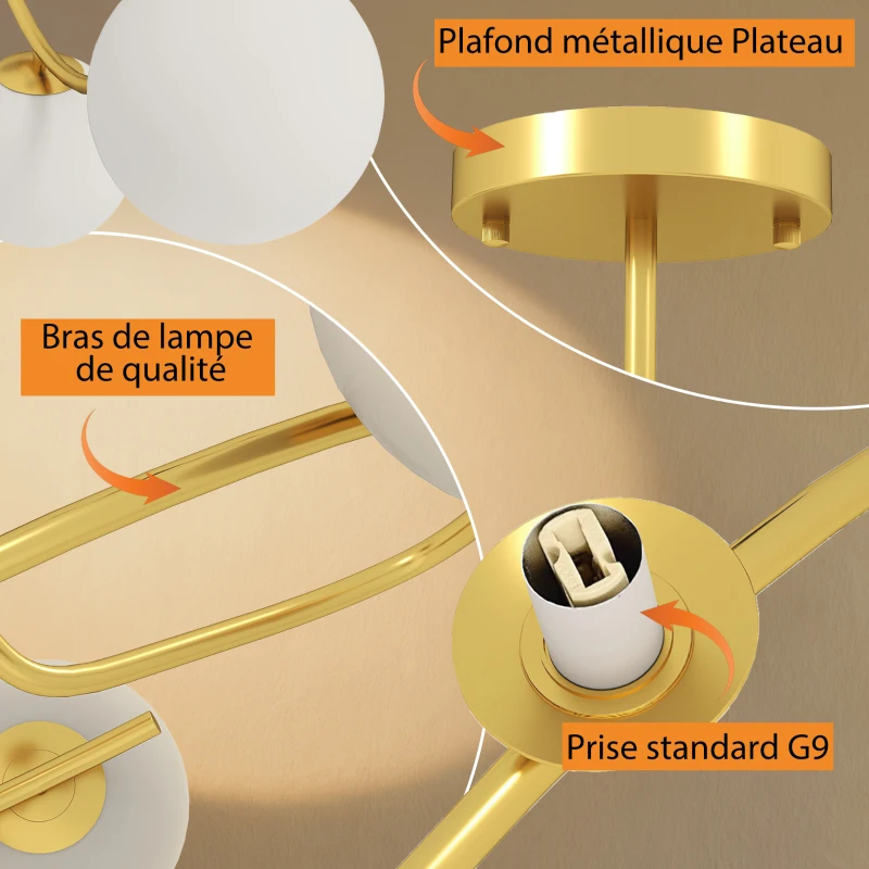 HOMCOM Plafonnier lustre moderne, luminaire plafonnier à 5 lumières avec culot G9, montage semi-affleurant, doré et blanc