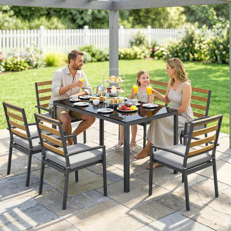 Outsunny Set da Pranzo da Giardino 7 Pezzi con Tavolo e 6 Sedie, Nero