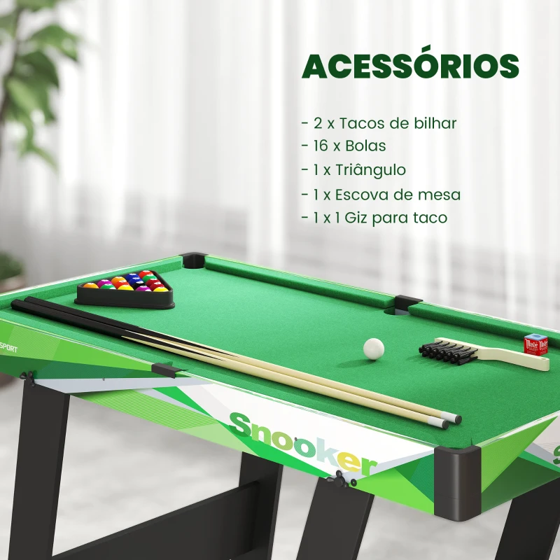 SPORTNOW Mesa de Bilhar Dobrável com Acessórios Inclui 16 Bolas 2 Tacos Giz Triângulo e Escova 104x55,5x68 cm Verde