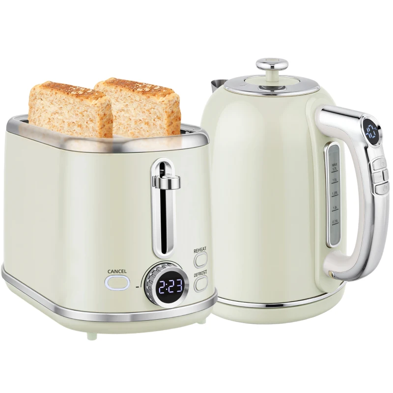 HOMCOM Polished Retro 40-100°C Kettle and Toaster Set - Grey