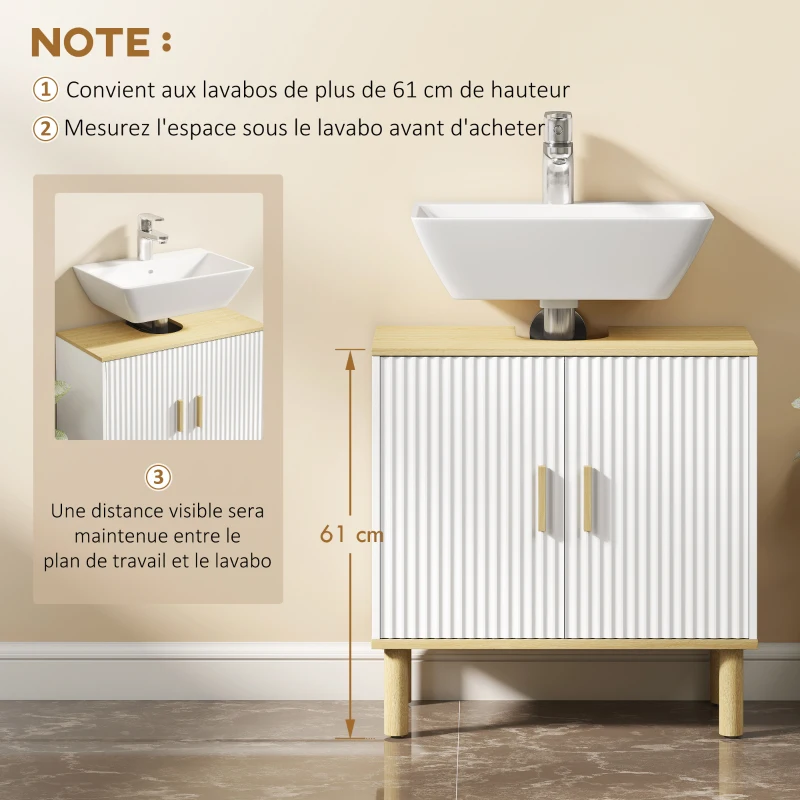 HOMCOM Meuble sous lavabo, meuble de salle de bain avec 2 portes et étagère réglable, 60 x 30 x 61 cm, blanc