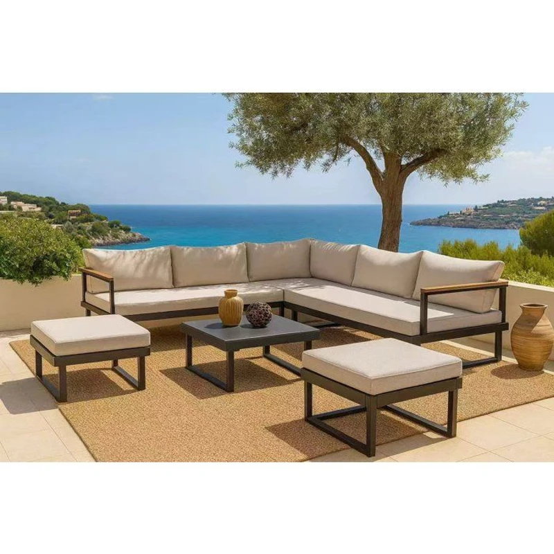 Salon de jardin d'angle 7 places - Aluminium - ALMARA - Canapé d'angle + 2 tabourets + table - Ecru