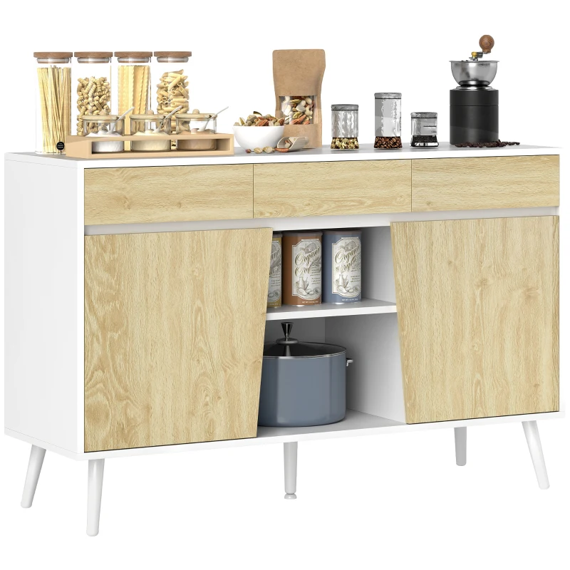 HOMCOM Aparador de Sala de Estar com 3 Gavetas Prateleiras Móvel para TV para Dormitório Sala de Estar 120x39x77 cm Branco e Madeira