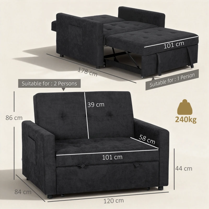 HOMCOM Loveseat Sofa Bed, Convertible Bed Settee with 2 Pillows, Side Pockets, Black