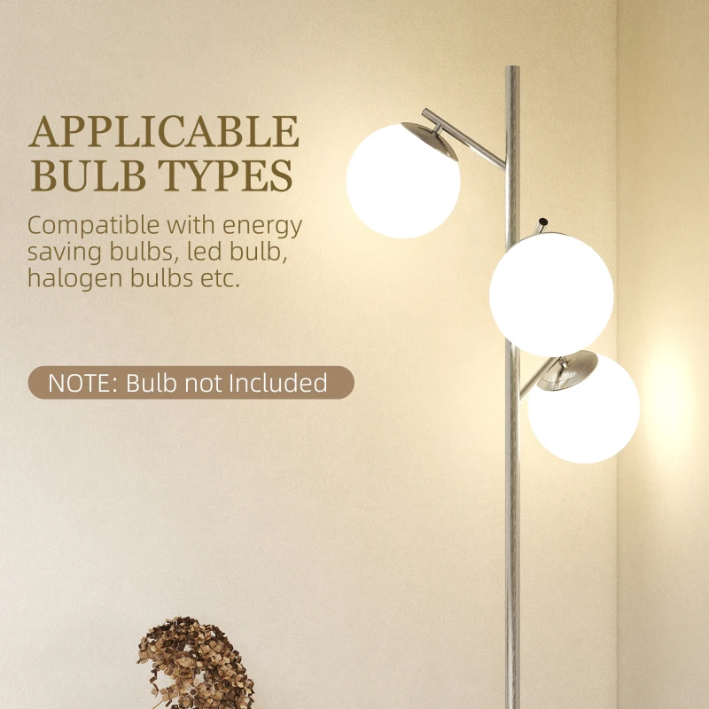 HOMCOM 3-Light Tree Floor Lamps for Living Room, Modern Standing Lamp for Bedroom with Globe Lampshade, 3000K/4000K/6000K Colour Temperatures, Steel Base, Silver Tone