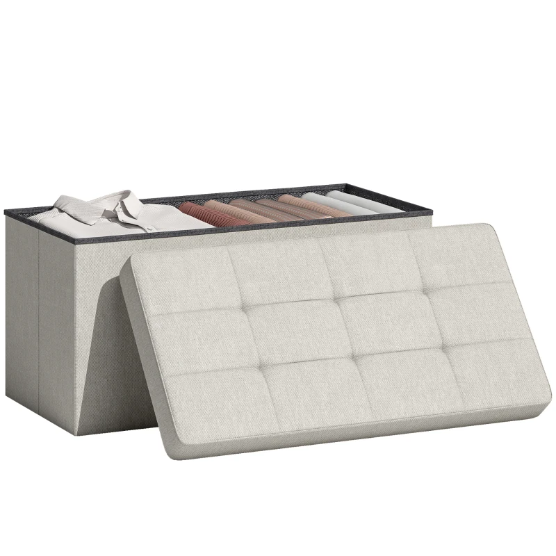 HOMCOM Banco com Armazenamento 84 L Banco de Arrumação Dobrável 76x38x38 cm Estofado em Linho Sintético Creme