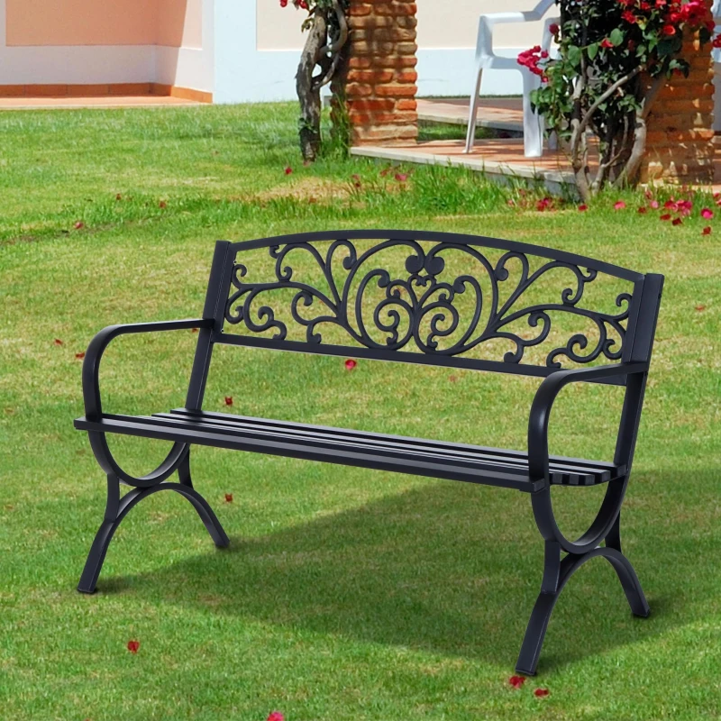 Outsunny Banc de jardin terrasse en acier fonte noir 3 places 127 x 60 x 85 cm charge max 240 Kg