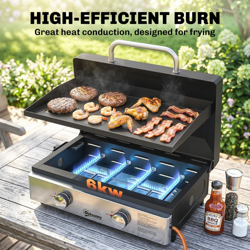 Outsunny 2 Burner Grill Griddle, Portable Gas Plancha, 6 kW, Tabletop Gas BBQ with Grease Cup for Camping Picnic Patios, Black