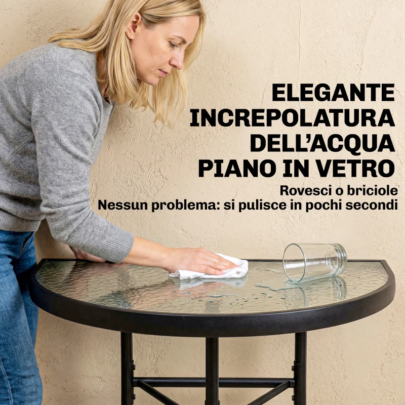 Outsunny Set da Bistrò da 3 Pezzi con 2 Sedie Texteline, Tavolo Semicircolare in Vetro Temperato, Nero