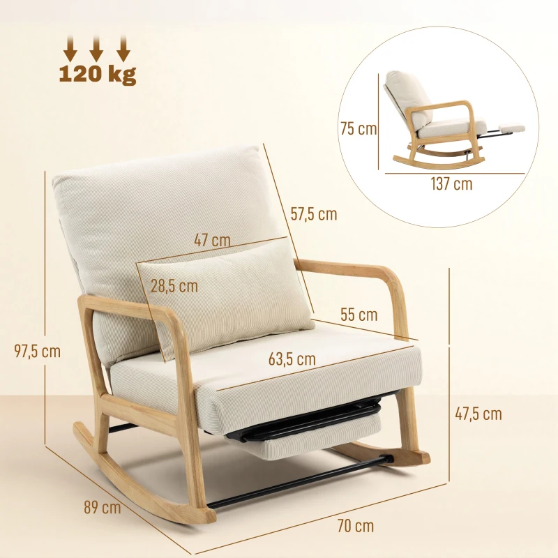 HOMCOM Poltrona Baloiço com Encosto Ajustável de Veludo Cotelê Nórdica Pés de Madeira Braços Almofada Lombar 70x89x97,5 cm Creme