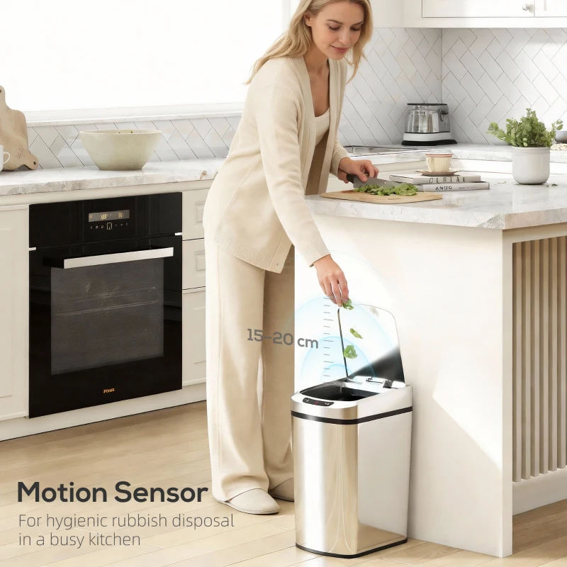 HOMCOM 12L Sensor Bin, Automatic Touchless Motion Sensor Kitchen Bin with Fingerprint Resistant Stainless Steel, Silver