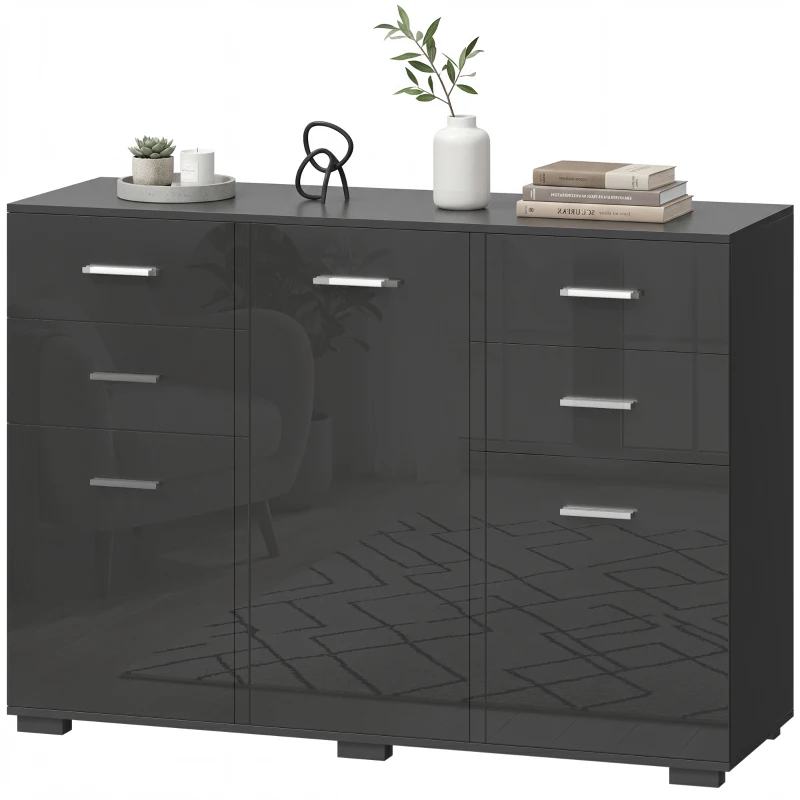 HOMCOM Sideboard, Modern Storage Cabinet with 2 Drawers, 3 Doors and Adjustable Shelves, High Gloss Black