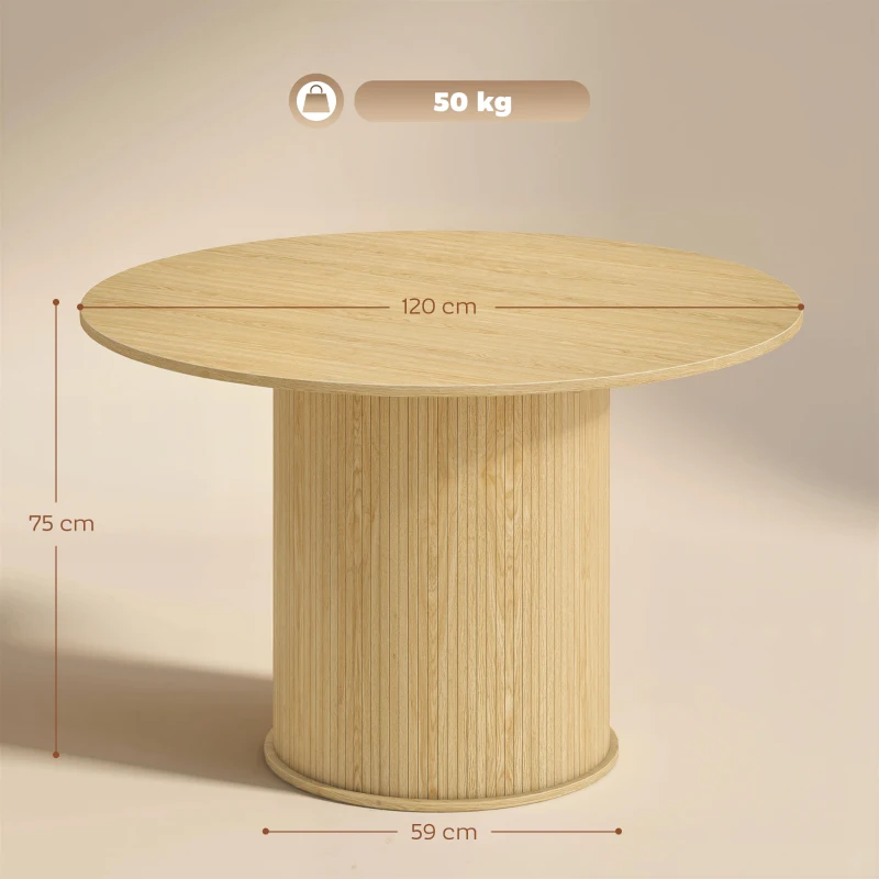 HOMCOM Masă de dining rotundă pentru 5 persoane, Ø 120 x 76 cm, masă de bucătărie cu bază cilindrică canelată, lemn natural