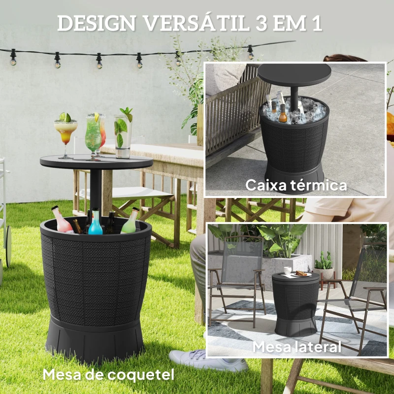 Outsunny Mesa Geleira para Exterior 41 L 3 em 1 Cool Bar Mesa Auxiliar com Altura Ajustável Balde de Gelo Tampa Elevável Preto
