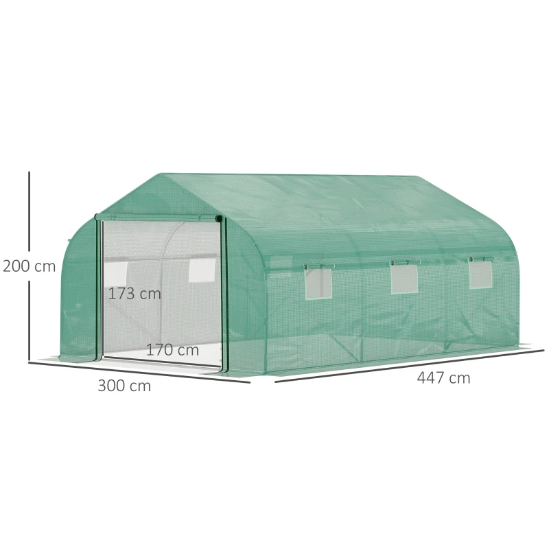 Outsunny Walk-in Polytunnel Garden Greenhouse - Outdoor Mesh Door Greenhouse with PE Cover and 6 Windows, 4.5 x 3 x 2m, Green