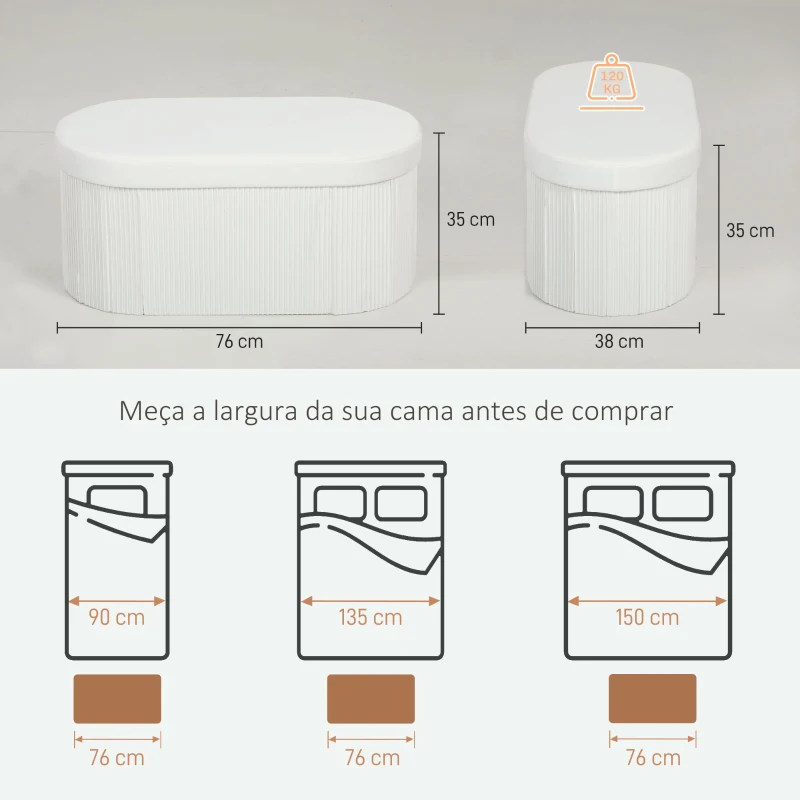 HOMCOM Puff de Arrumação 72 L 76x38x35 cm Estofado em Veludo Baú de Arrumação Suporta 120 kg Creme