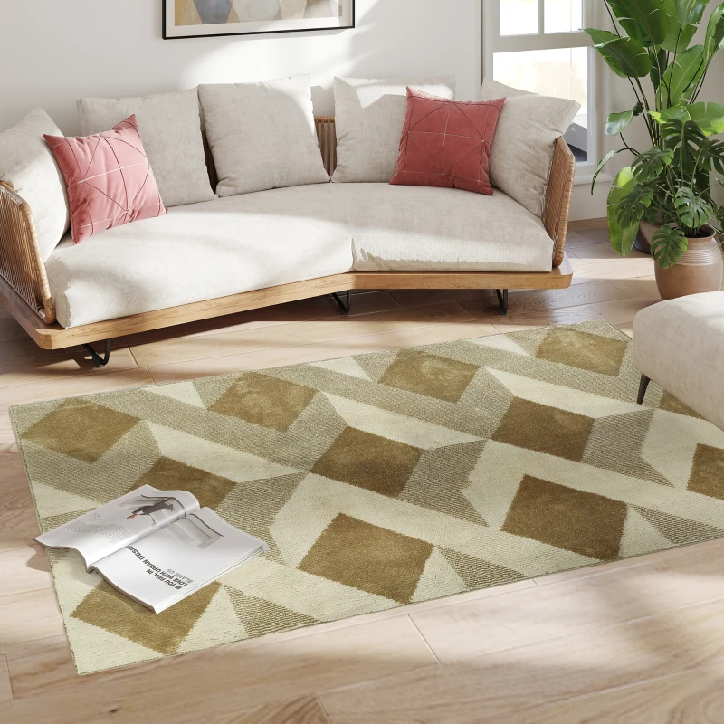 HOMCOM Tapete Sala de Estar 170x120 cm Tapete Lavável na Máquina de Lavar Pelo Curto Estilo Moderno Creme e Marrom Claro