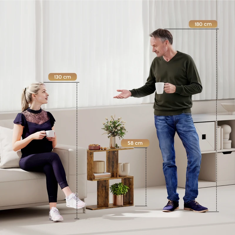 HOMCOM Side Table, Narrow End Table with Storage Shelves, S-Shaped, 3-Tier, 50W x 19.5D x 58H cm, Rustic Brown