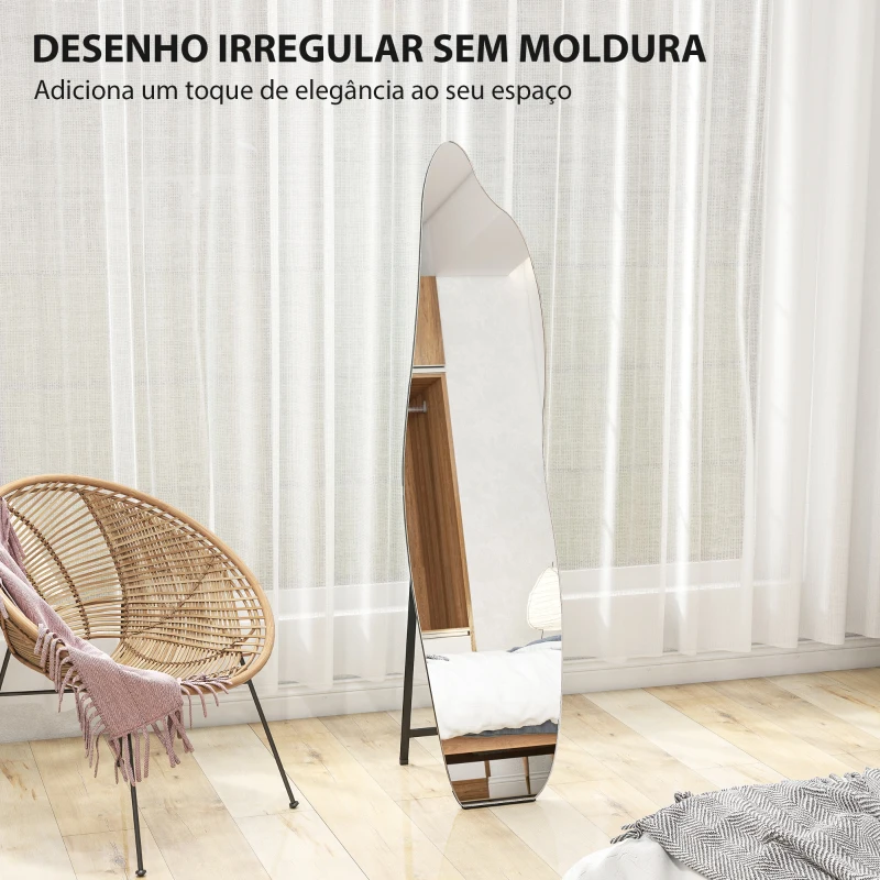 HOMCOM Espelho de Pé 160x40 cm sem Moldura Espelho de Corpo Inteiro Forma Irregular com Suporte Metálico Preto