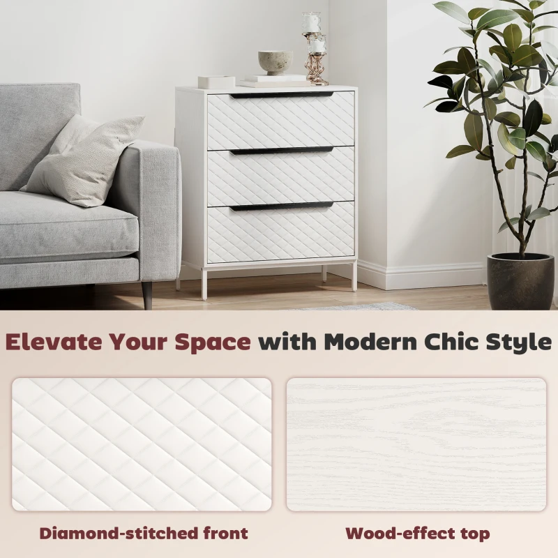 HOMCOM Chest of Drawers, Dresser with 3 Fabric Drawers and Aluminium Handles - White