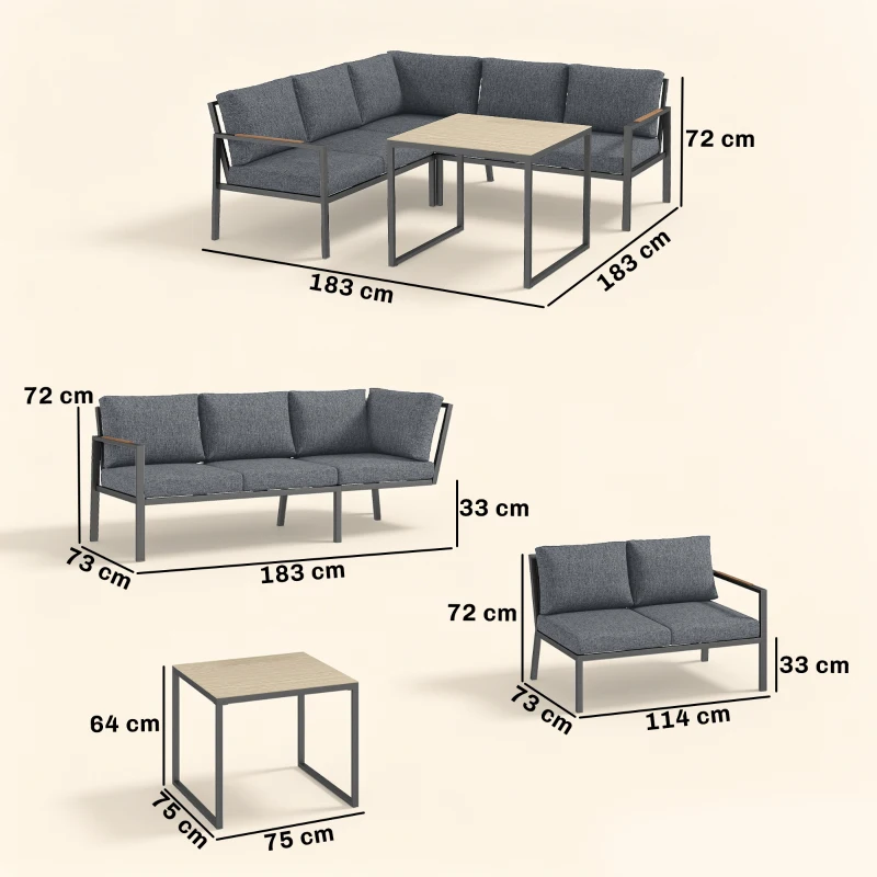 Outsunny Set Mobilier de Grădină Exterior 3 Piese 5 Persoane, 2 Canapele cu Perne Groase, 1 Masă de Cafea, 183x183x72cm, Gri Închis