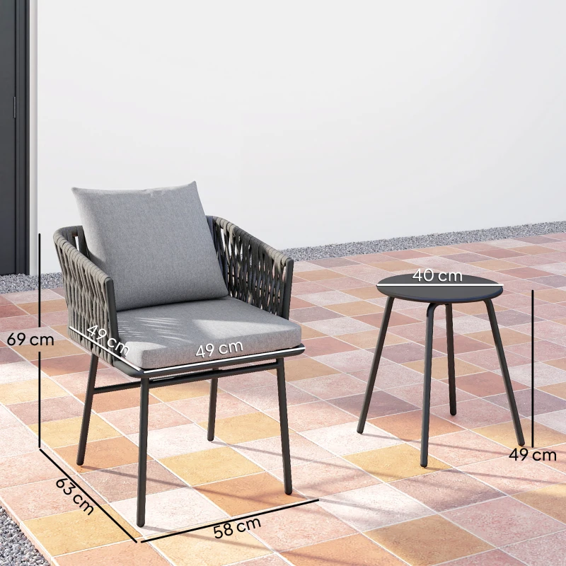 Outsunny 3-Piece Rattan Bistro Set, Garden Table and Chairs with 4 Cushions, Patio Rattan Conversation Furniture Set for Balcony, Porch, Terrace, Grey