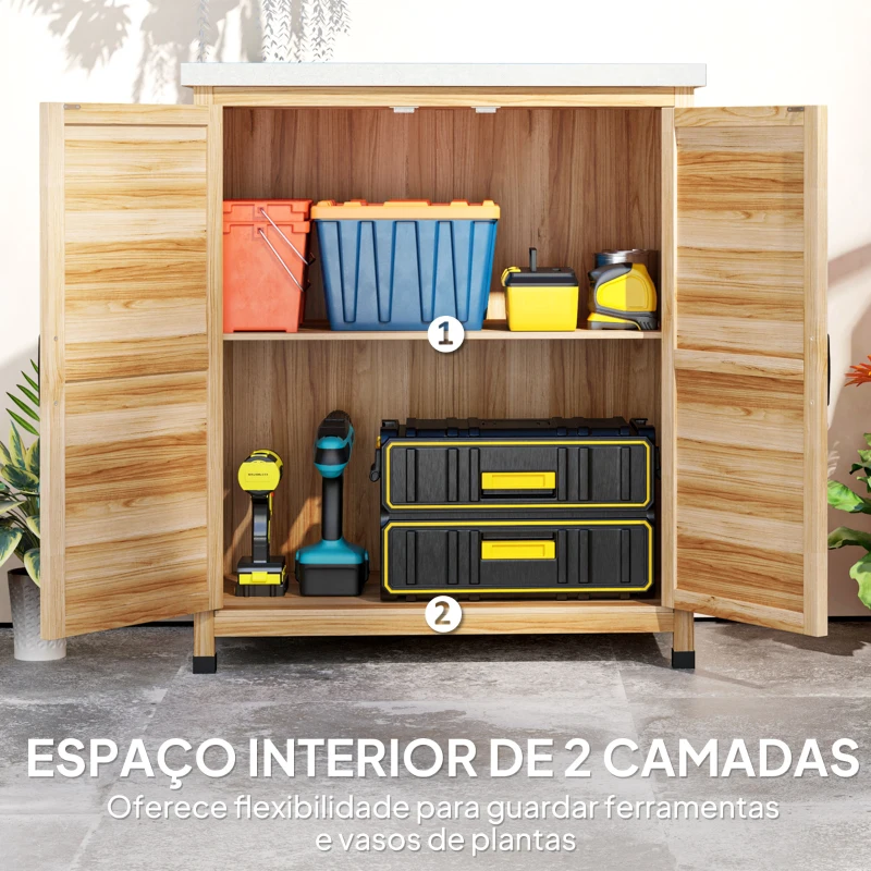 Outsunny Armário de Exterior em Madeira com Tampo de Aço Galvanizado Prateleira 2 Portas  para Armazenamento de Ferramentas 79x43x92 cm Madeira