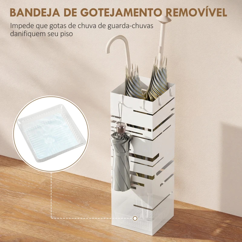 HOMCOM Suporte para Guarda Chuva Metálico com 4 Ganchos e Bandeja de Recolha de Gotas Removível 15,5x15,5x49 cm Branco