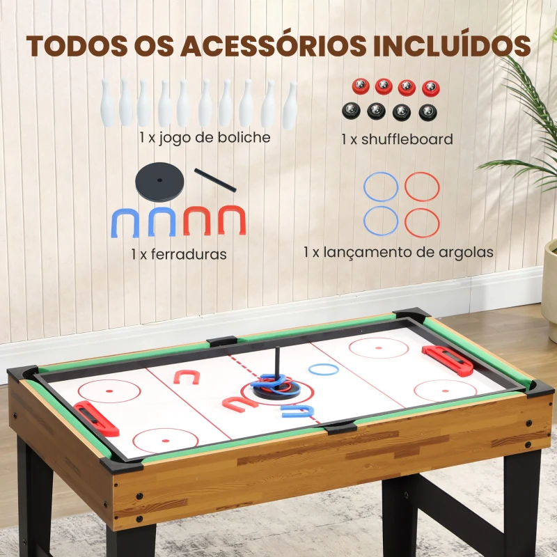 SPORTNOW Mesa Multijogos 13 em 1 Mesa de Jogo com Matraquilho Bilhar Ping-Pong Hóquei Xadrez Damas Backgammon e Acessórios 121x109x80 cm Madeira e Preto