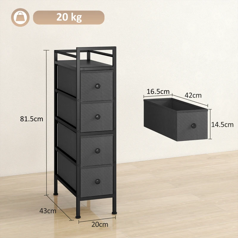 HOMCOM 4 Drawer Fabric Dresser Chest of Drawers, Slim Storage Cabinet with Steel Frame for Small Spaces, Bedroom, Black