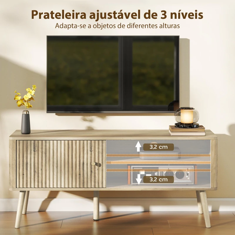HOMCOM Móvel de TV para Televisão até 55 Polegadas com Porta Acanalada Prateleira Ajustável Compartimentos Abertos 115x35x49 cm Carvalho