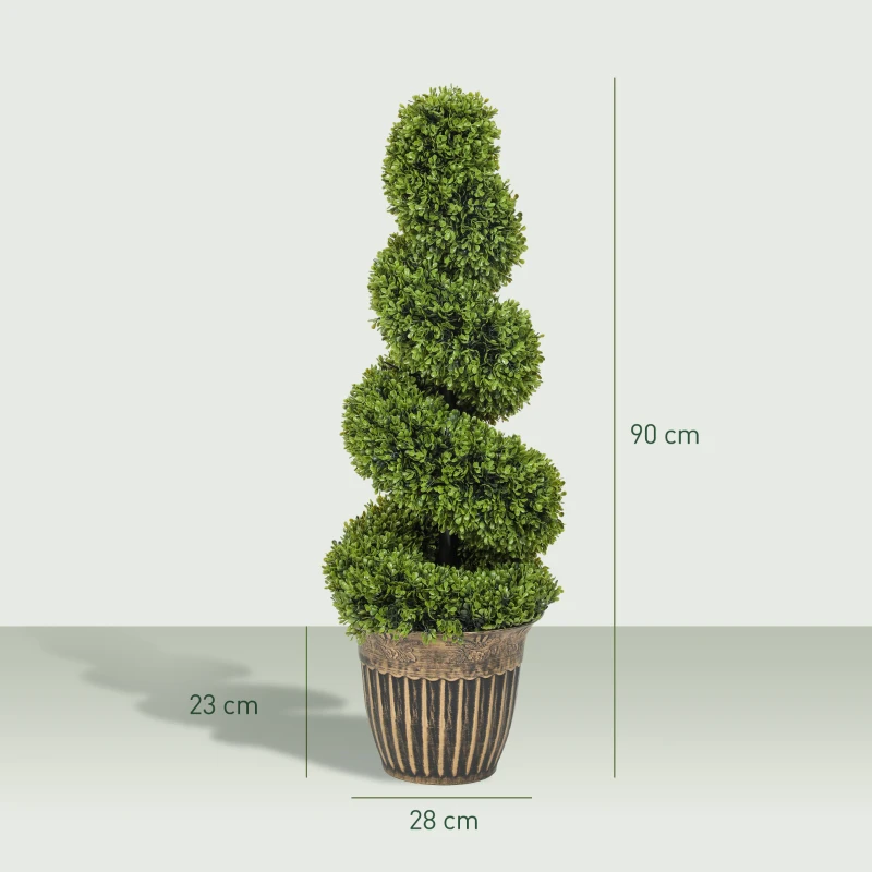 HOMCOM Set of 2 Artificial Plants, Topiary Spiral Boxwood Trees with Pot, for Home Indoor Outdoor Decor, 90cm