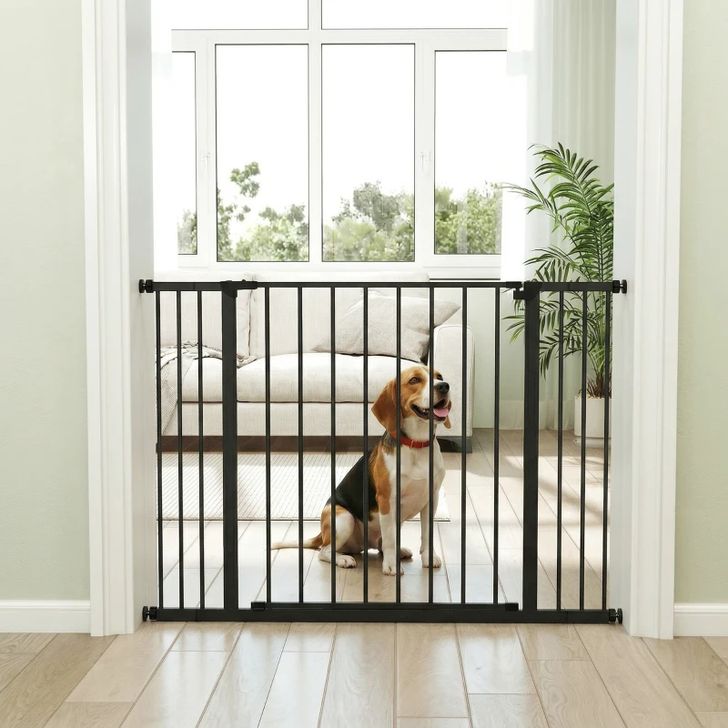 PawHut Dog Gate Pet Safety Gate Stair Barrier Pressure Fit Adjustable 76-82/86-97/101-107 cm, Black