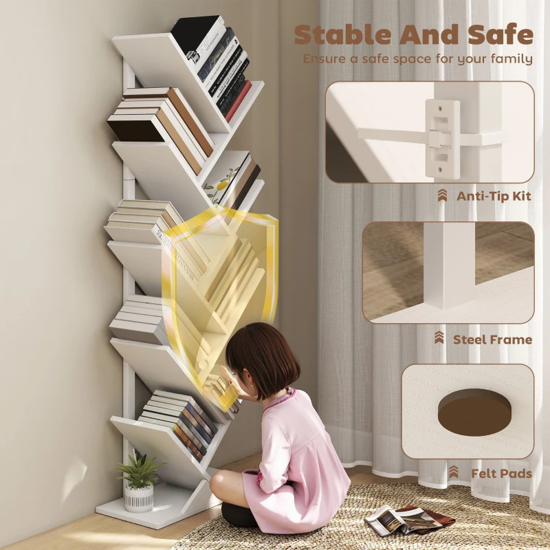 HOMCOM 9-Tier Tree Bookshelf, Industrial Free Standing Bookcase with Steel Frame, Display Storage White