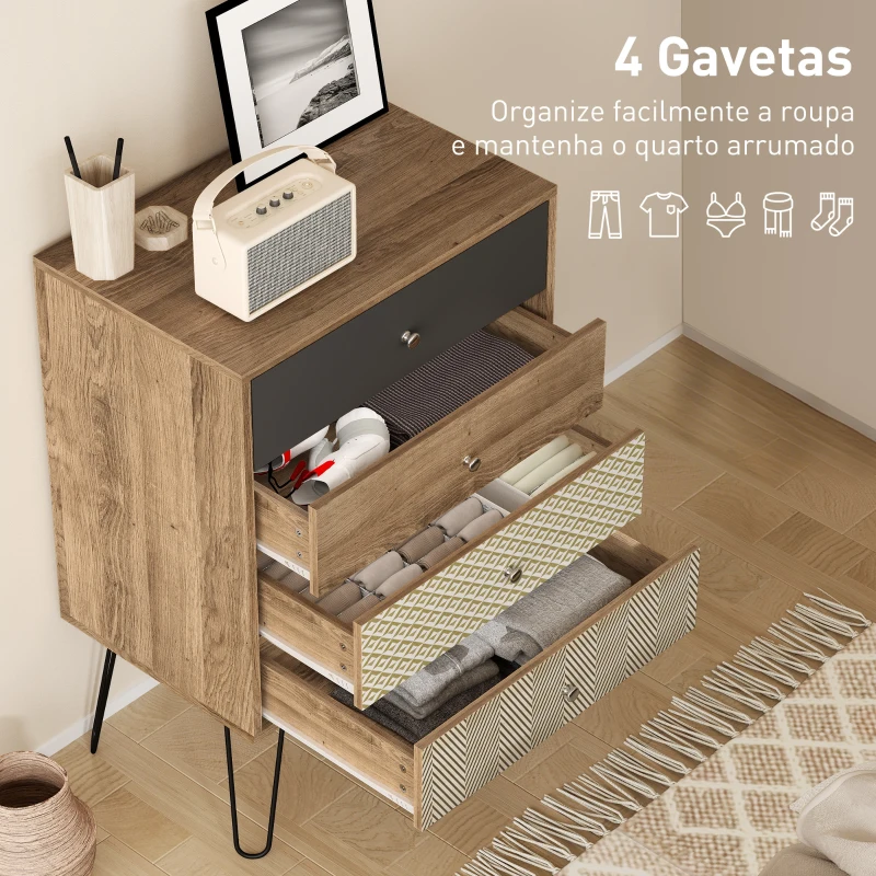 HOMCOM Cómoda 4 Gavetas Cómoda para Quarto com Pés em Forma de V de Aço Estilo Boémio 60x39x86 cm Multicor