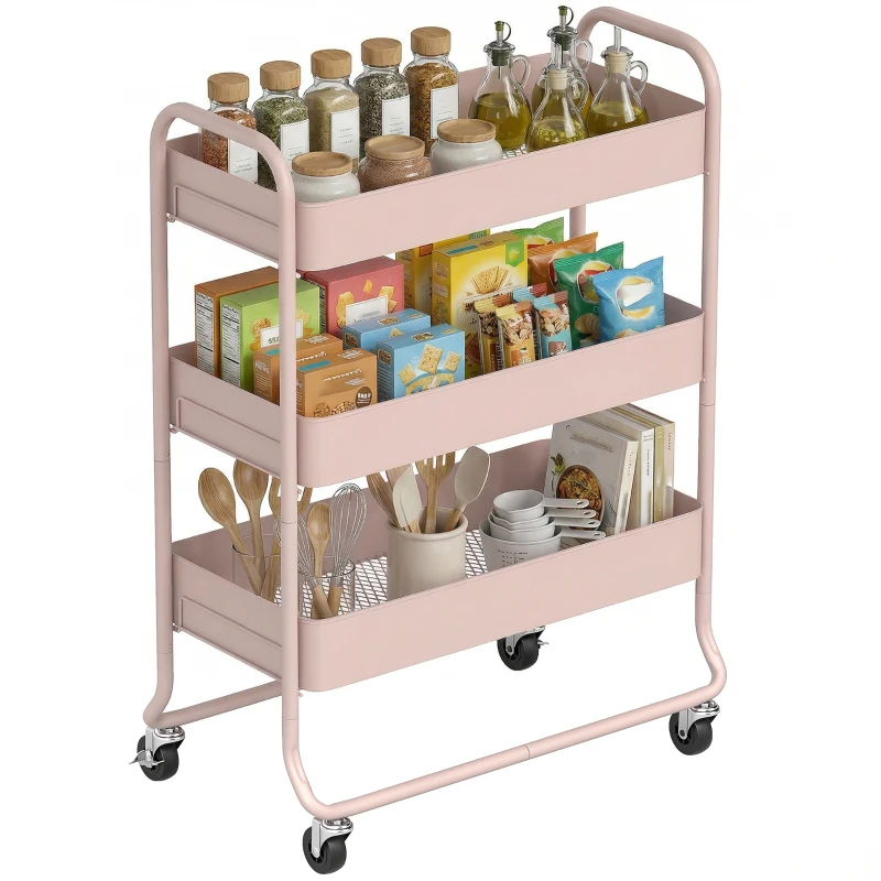 HOMCOM 3-Tier Storage Trolley on Wheels, Rolling Utility Cart with Mesh Backets for Kitchen, Bathroom, Bedroom, Light Pink