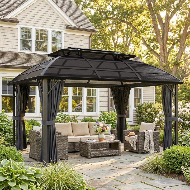 Outsunny 4 x 3m Aluminium Frame Hard Gazebo, with Accessories - Black