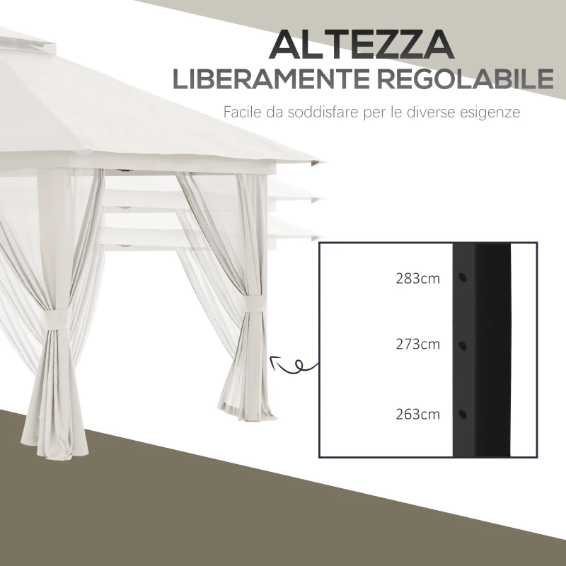 Outsunny Gazebo Pieghevole 4x4 m ad Altezza Regolabile con Zanzariera e Borsa, in Metallo e Tessuto Oxford Crema