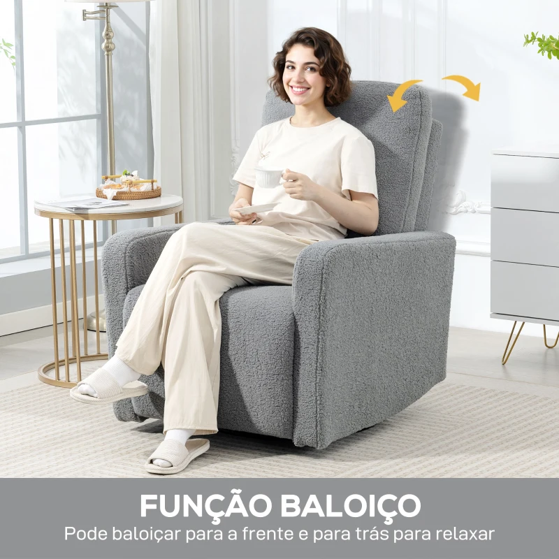 HOMCOM Poltrona Relax Reclinável Manual Poltrona Relax de Borreguito com Função de Baloiço 360° Reclinável até 135º 76x94x100 cm Cinza