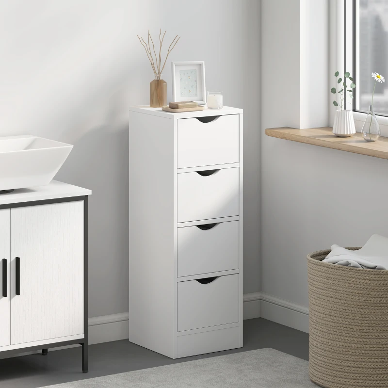 HOMCOM 4-Drawer Bathroom Cabinet, Freestanding Narrow Storage Cabinet with Groove Handles for Small Spaces, White