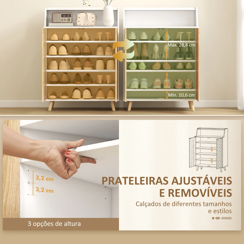 HOMCOM Sapateira para Entrada com Prateleiras Ajustáveis para 15 Pares de Sapatos 75x35x104 cm Branco e Madeira