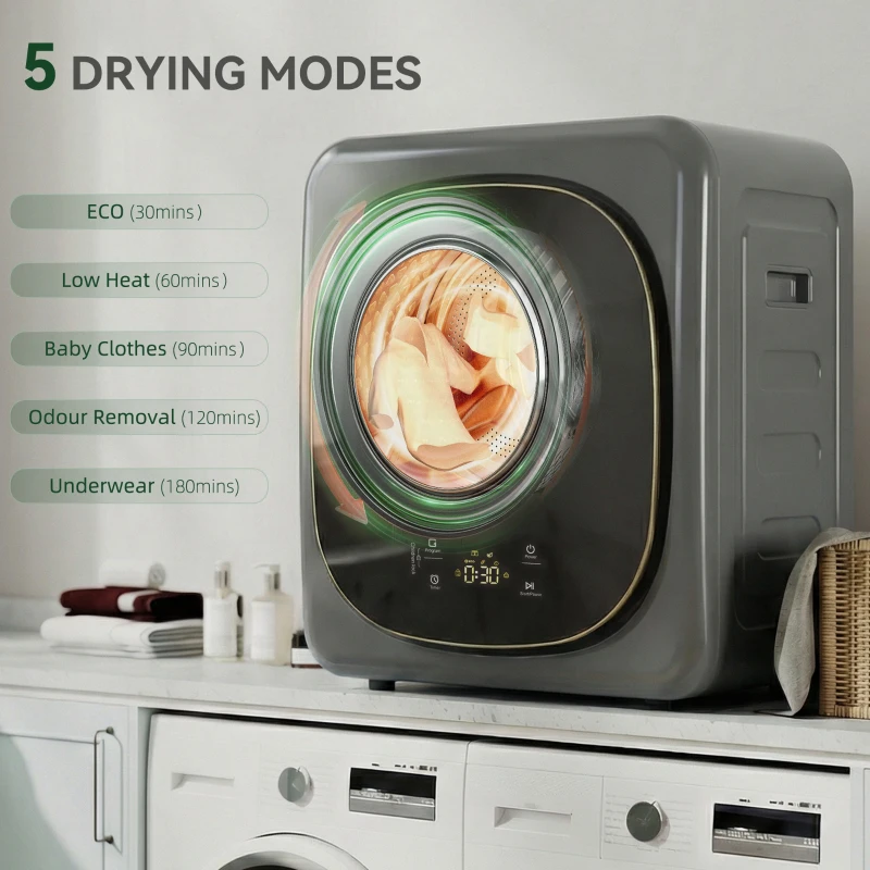 HOMCOM 4kg Vented Tumble Dryer with 5 Drying Mode, 800W Compact Freestanding Front Tumble Dryer, Grey