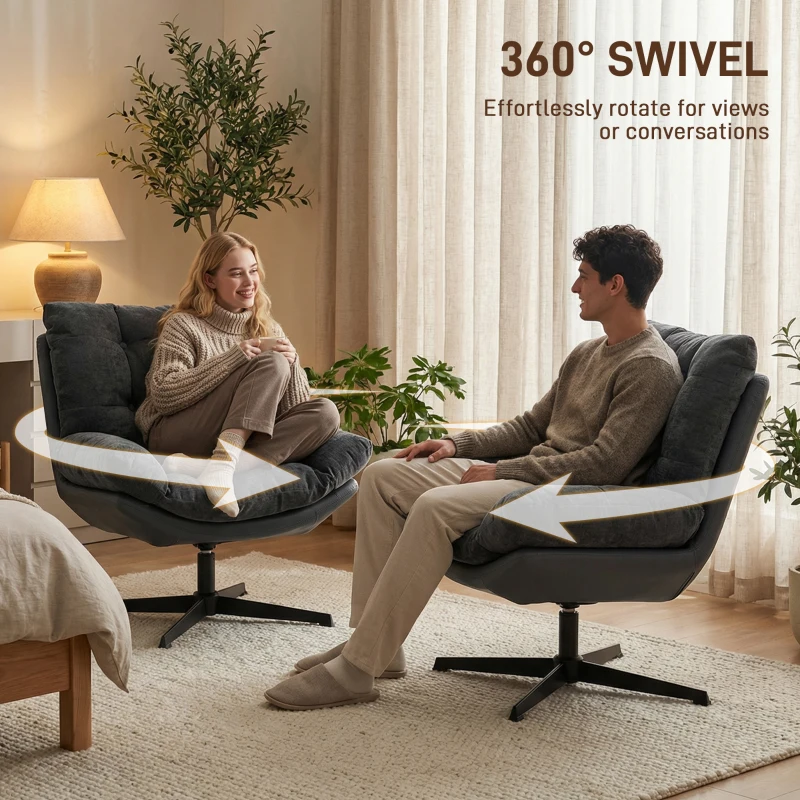 HOMCOM Accent Chair with Footstool, Swivel Lounge Chair with Chenille Upholstery, Metal Base, Dark Grey