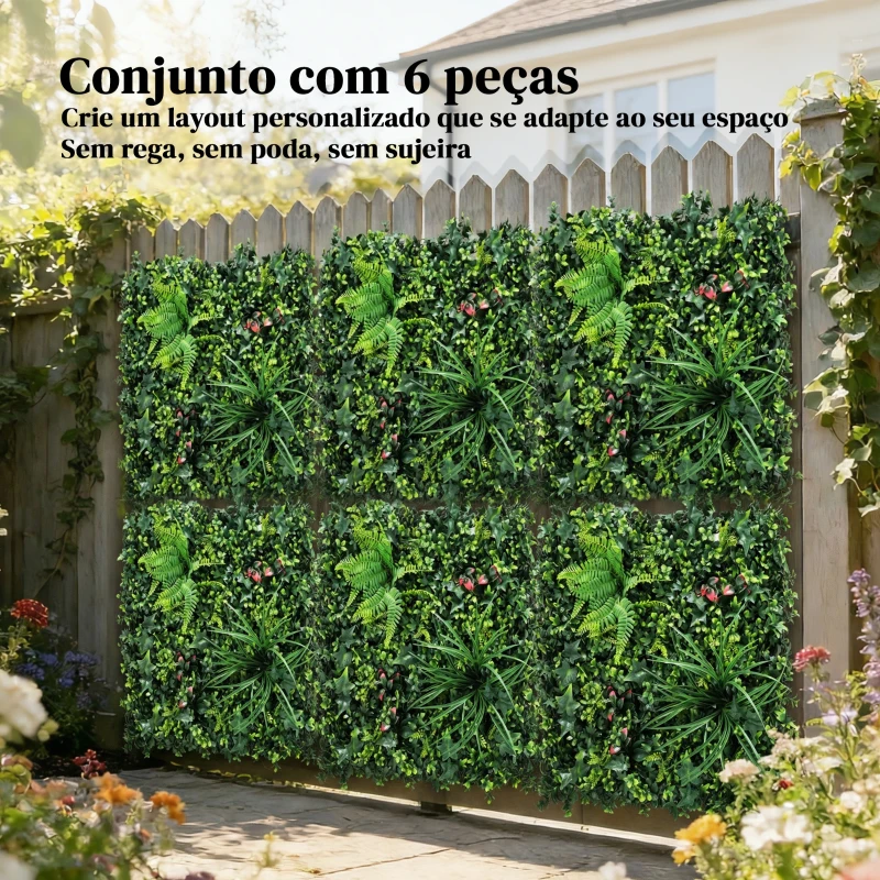 Outsunny Conjunto de 6 Sebes Artificiais de Ocultação para Jardim 50x50 cm Fácil Montagem Anti-UV para Varandas Terraços Verde