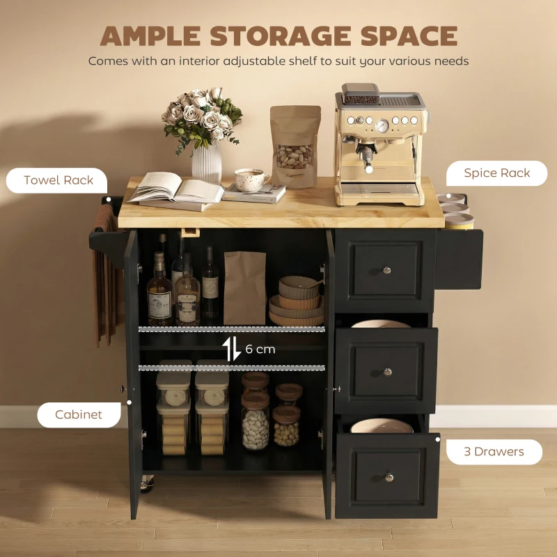 HOMCOM Kitchen Island on Wheels, Rolling Kitchen Storage Trolley with Drop Leaf, Drawers, Towel and Spice Rack, Black