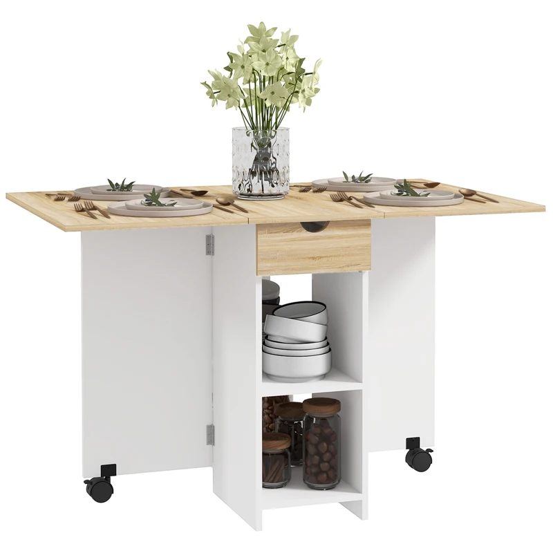 HOMCOM Folding Dining Table, Drop Leaf Table for Small Spaces, Foldable Table with Drawer and Storage Shelves for Kitchen, Dining Room, Oak