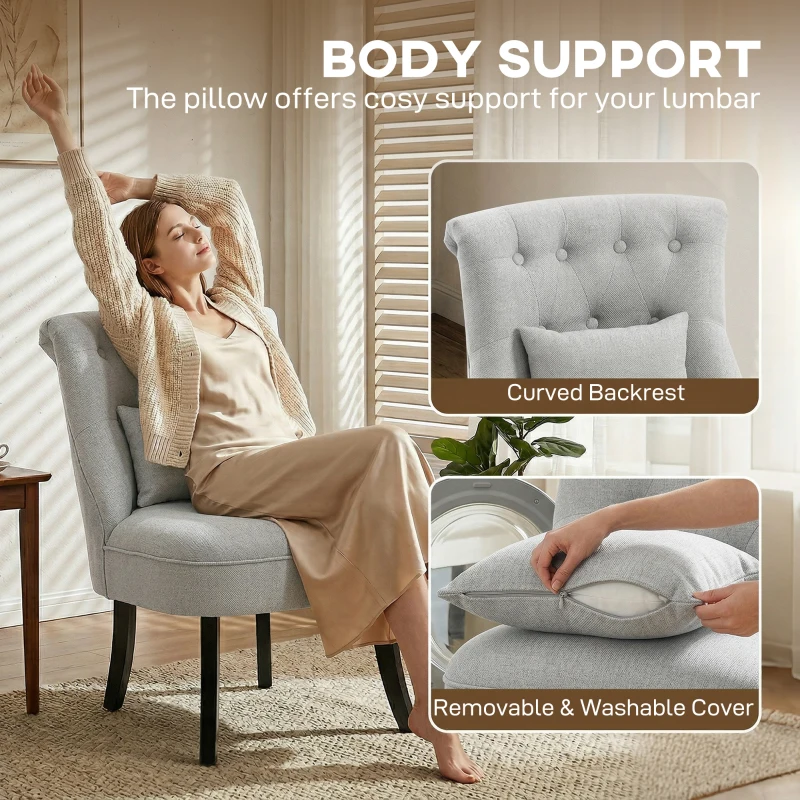 HOMCOM Fabric Single Sofa Dining Chair Tub Chair Upholstered W/ Pillow Solid Wood Leg Home Living Room Furniture Grey