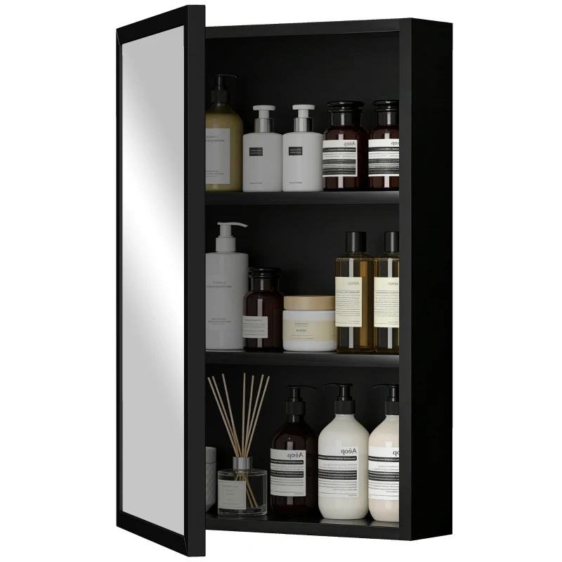 kleankin Armoire miroir de salle de bain armoire murale armoire à glace avec 1 porte et 2 étagères en acier 40 x 12 x 60 cm noir