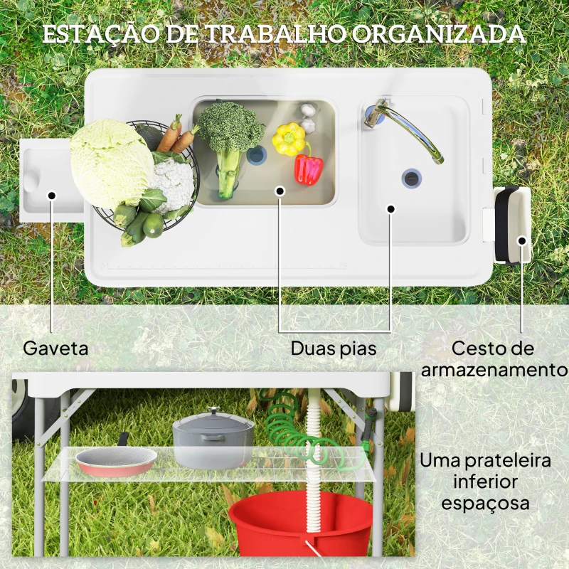 Outsunny Mesa para Campismo Dobrável Mesa com 2 Lavatórios Mangueira de Drenagem Estação de Limpeza 108x58x92 cm Branco